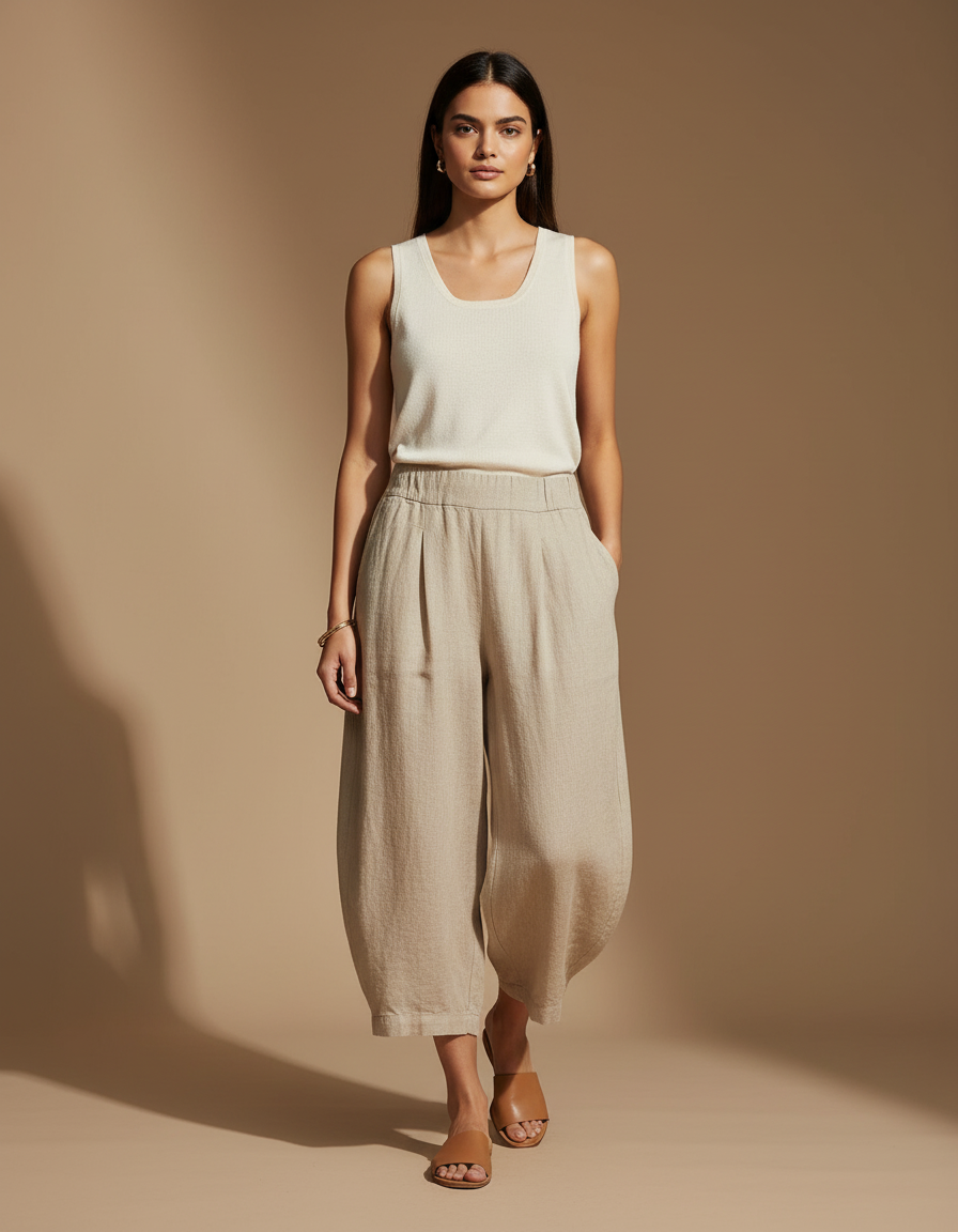 Pantalon Baggy Beige Lin Ample Décontracté Fluide