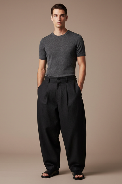 Pantalon Baggy Homme Noir Parachute Coton - Lin