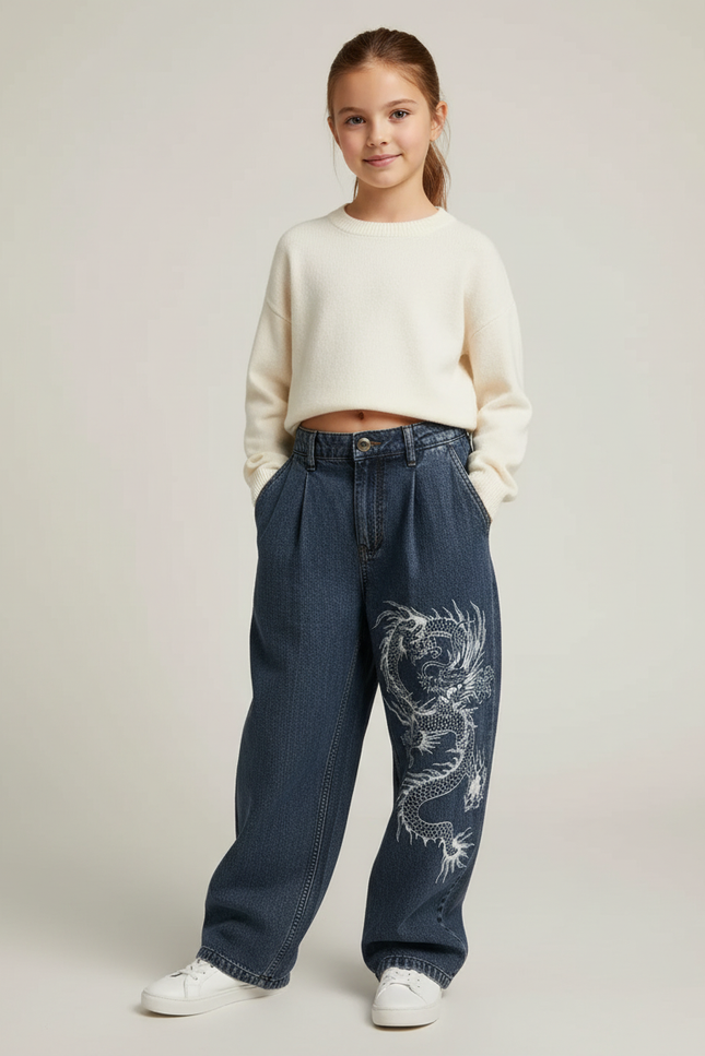 Pantalon Baggy Jean Bleu Brodé Dragon Ample