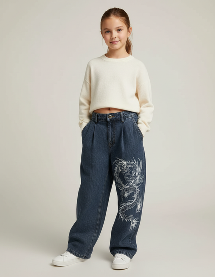 Pantalon Baggy Jean Bleu Brodé Dragon Ample