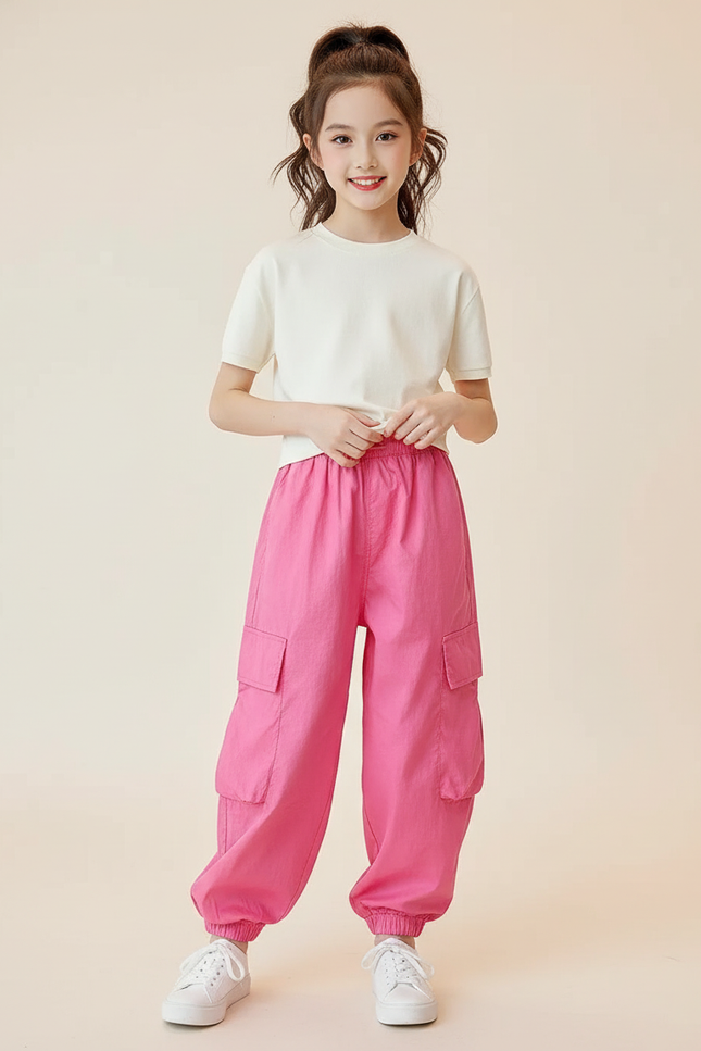 Pantalon Baggy Rose Cargo Ample Confortable Fille - Polyester