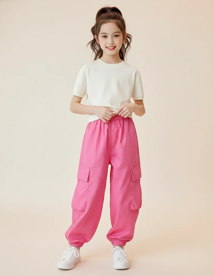 Pantalon Baggy Rose Cargo Ample Confortable Fille - Polyester