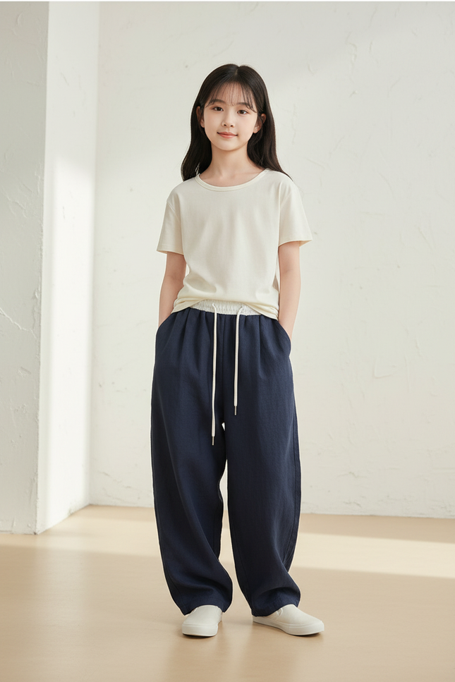 Pantalon Baggy Bleu Marine Ample Cordon Décontracté - Lin