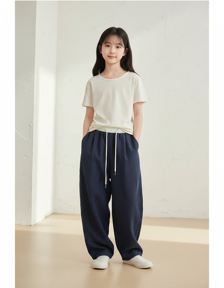 Pantalon Baggy Bleu Marine Ample Cordon Décontracté - Lin