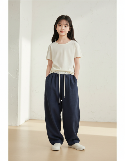 Pantalon Baggy Bleu Marine Ample Cordon Décontracté - Lin