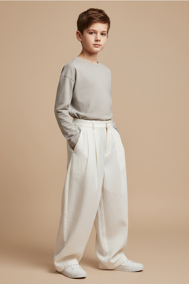 Pantalon Baggy Blanc Ample Plissé Coton Garçon - Lin