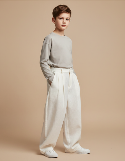 Pantalon Baggy Blanc Ample Plissé Coton Garçon - Lin