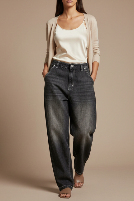 Pantalon Baggy Noir Délavé Ample Surpiqûres Blanches - Jean