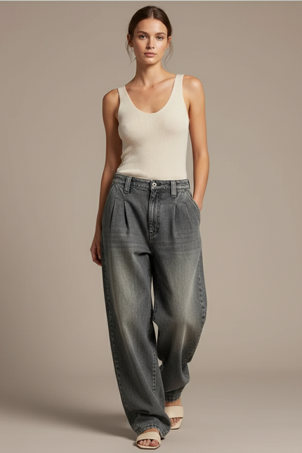 Pantalon Baggy Gris Délavé Ample Plissé Femme - Jean
