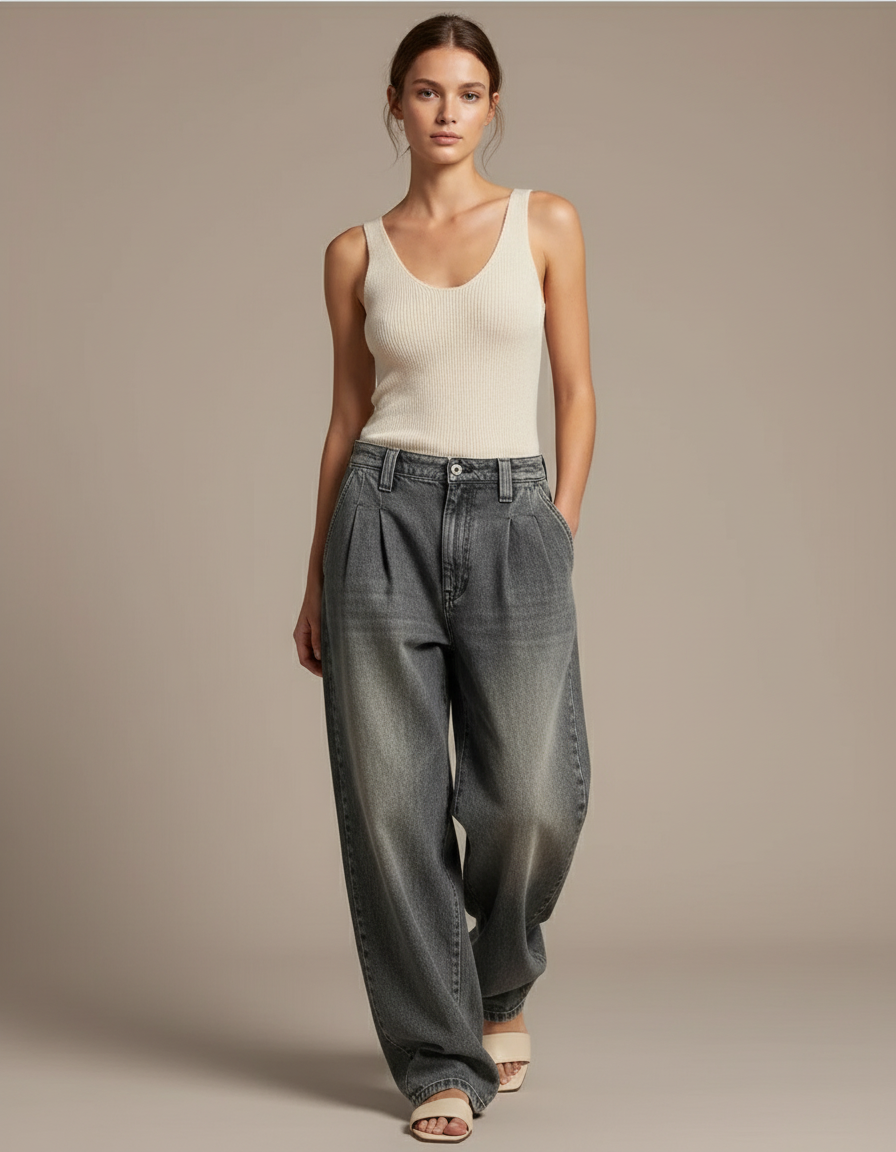 Pantalon Baggy Gris Délavé Ample Plissé Femme - Jean