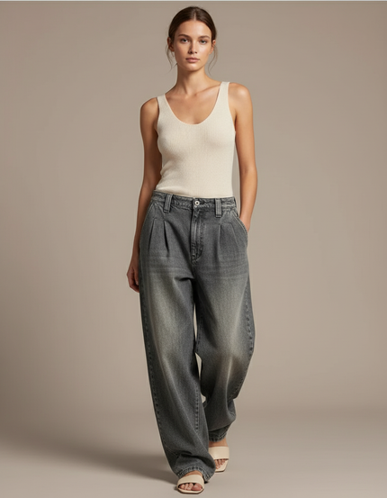 Pantalon Baggy Gris Délavé Ample Plissé Femme - Jean
