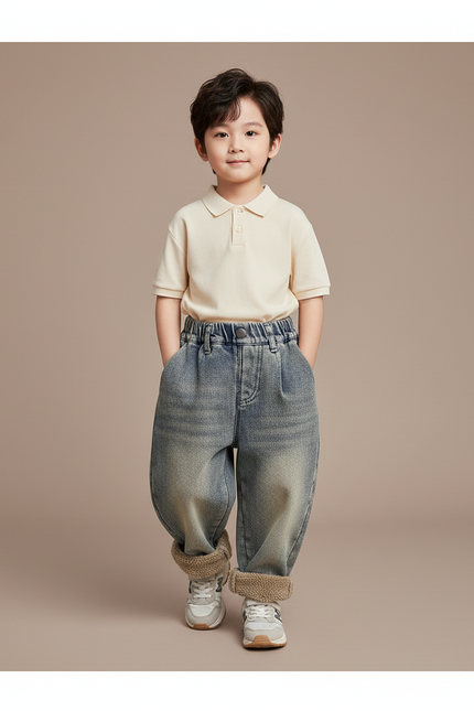 Pantalon Baggy Jean Ample Doublé Chaud Hiver Garçon - Bleu