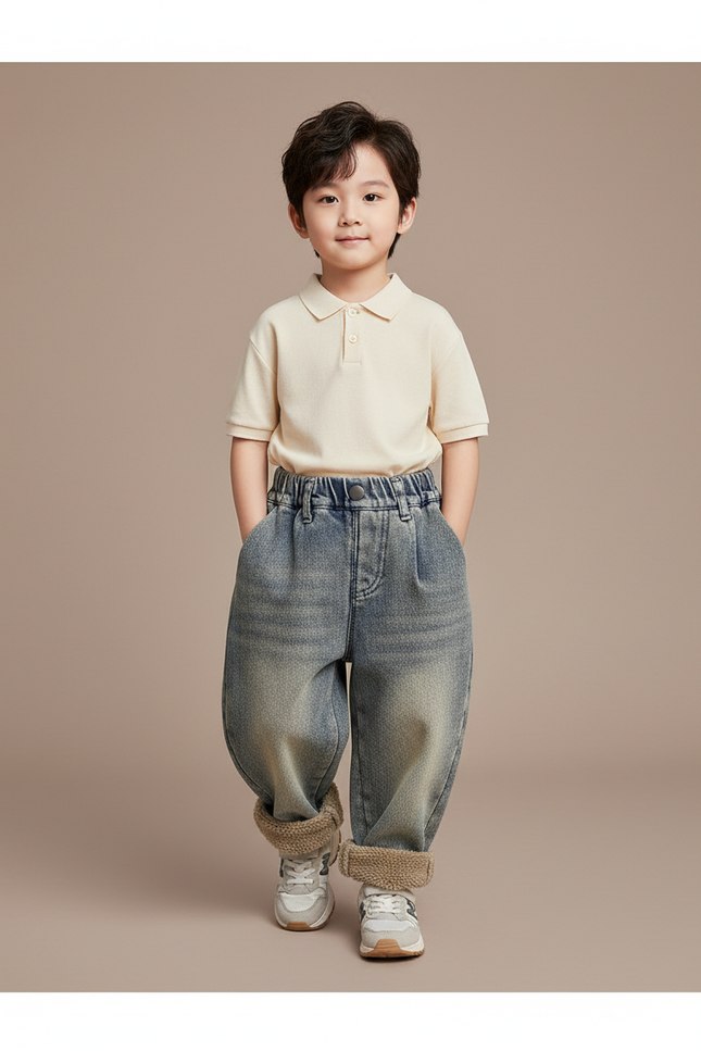 Pantalon Baggy Jean Ample Doublé Chaud Hiver Garçon - Bleu
