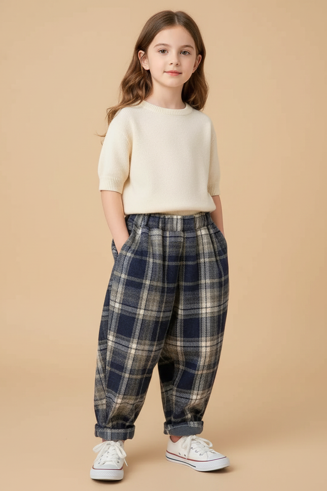 Pantalon Baggy Carreaux Écossais Bleu Marine Ample Enfant - Tweed