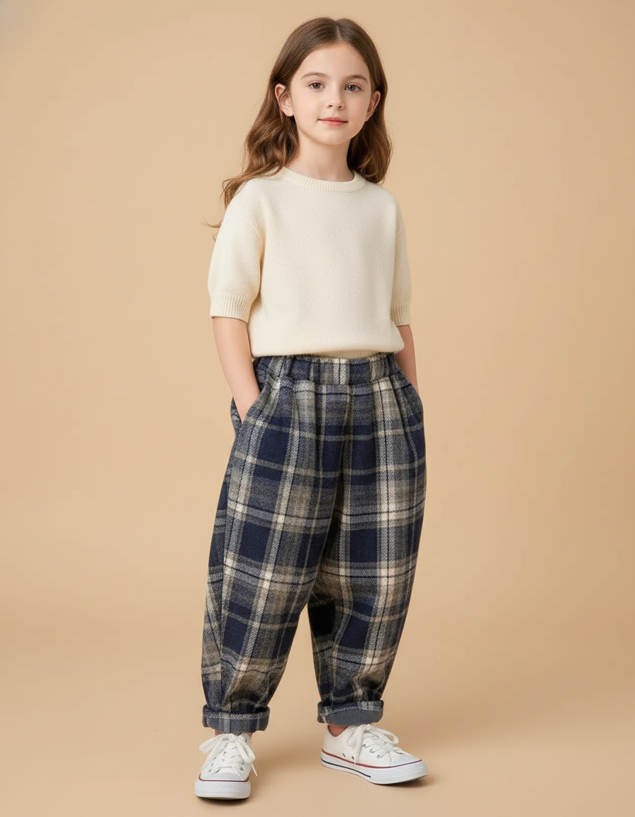 Pantalon Baggy Carreaux Écossais Bleu Marine Ample Enfant - Tweed