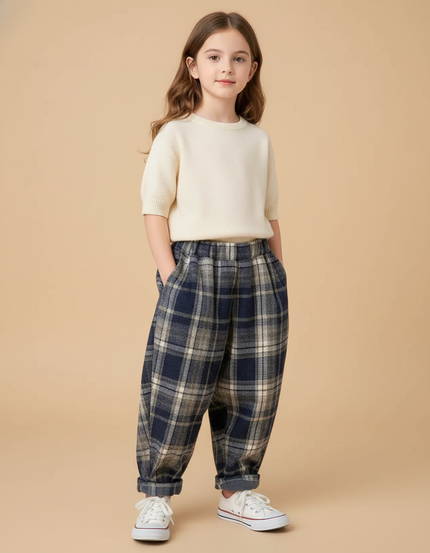 Pantalon Baggy Carreaux Écossais Bleu Marine Ample Enfant - Tweed