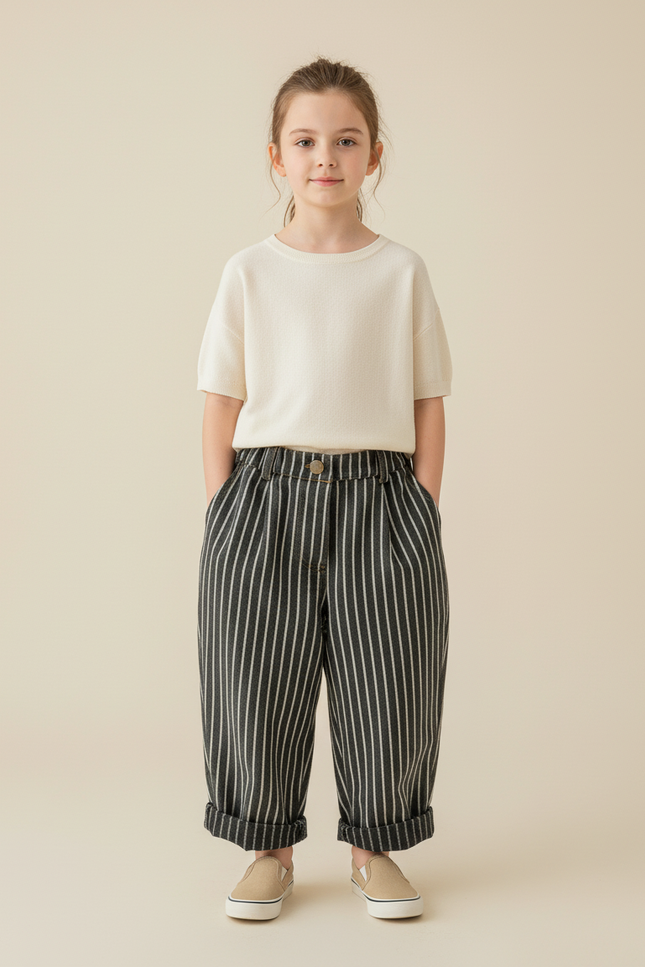 Pantalon Baggy Rayé Noir Blanc Ample Coton Enfant - Tweed