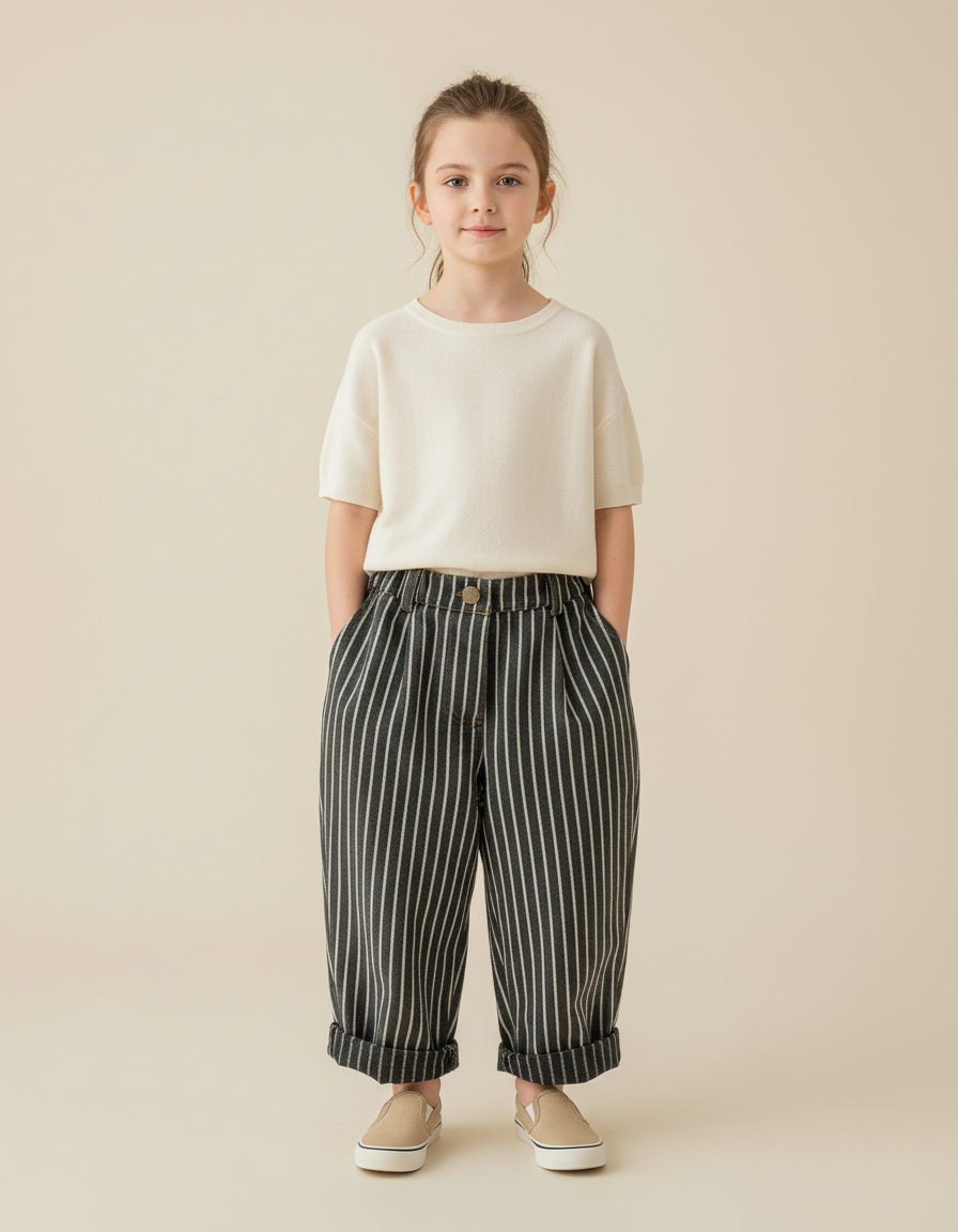 Pantalon Baggy Rayé Noir Blanc Ample Coton Enfant - Tweed