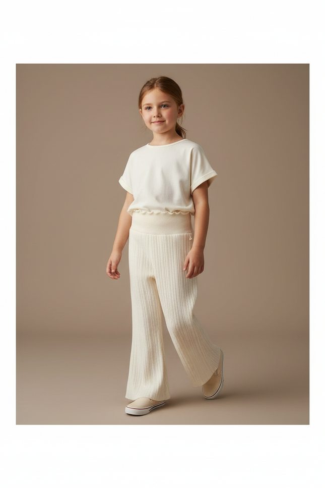 Pantalon Baggy Crème Tricoté Ample Côtelé Confortable Fille - Beige Maille