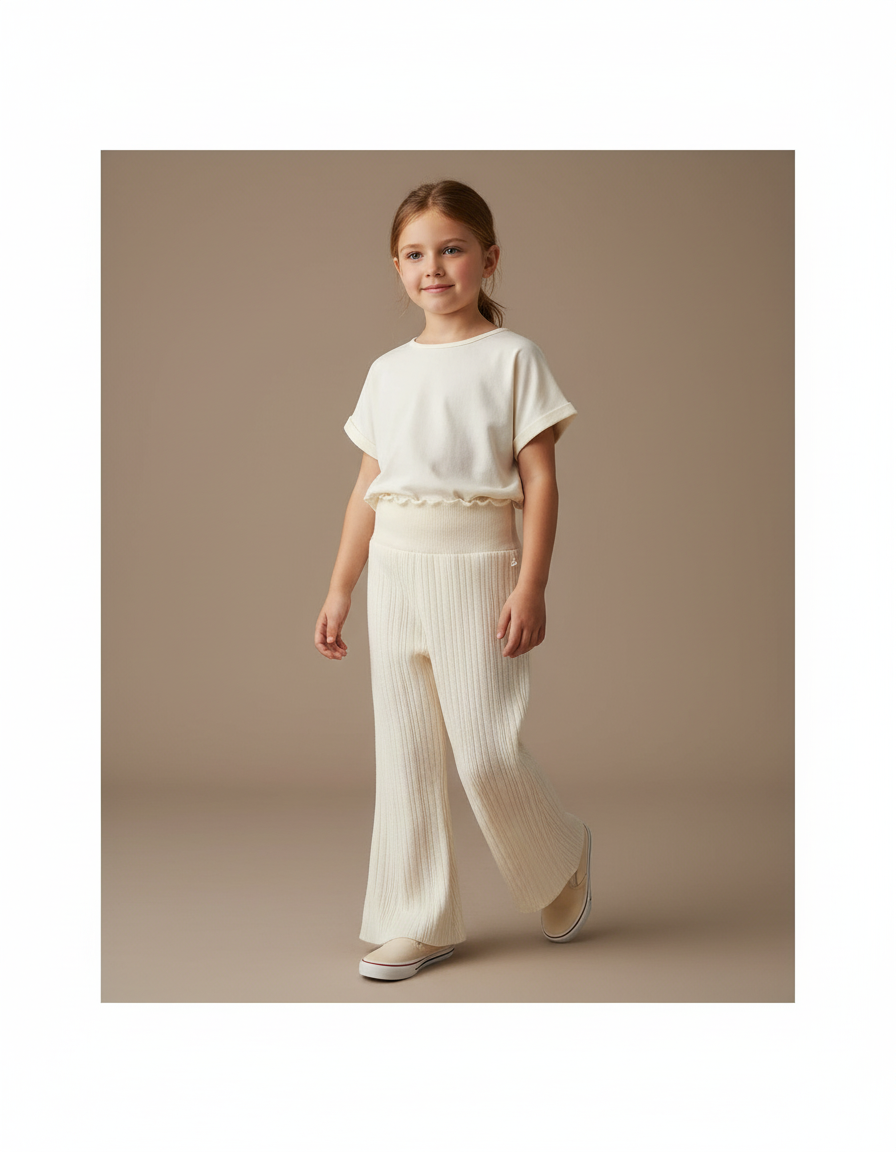 Pantalon Baggy Crème Tricoté Ample Côtelé Confortable Fille - Beige Maille