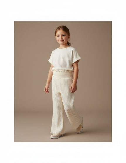 Pantalon Baggy Crème Tricoté Ample Côtelé Confortable Fille - Beige Maille