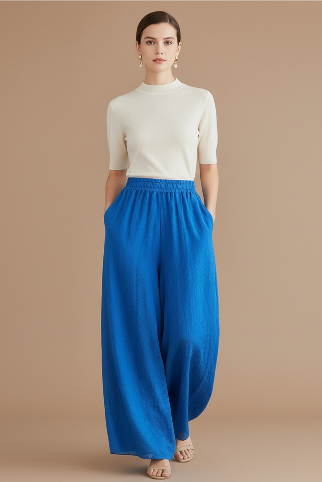 Pantalon Baggy Bleu Roi Ample Fluide Coton Lin