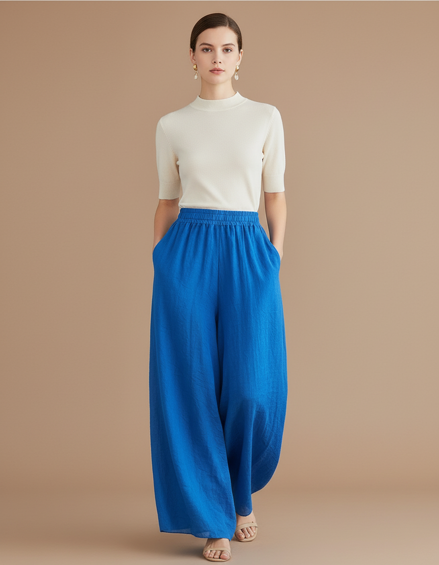 Pantalon Baggy Bleu Roi Ample Fluide Coton Lin