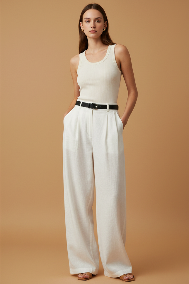 Pantalon Baggy Blanc Lin Fluide Taille Haute