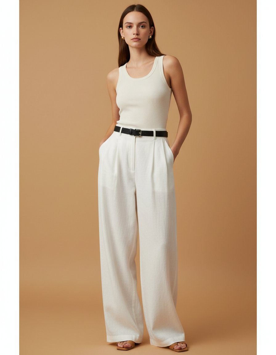 Pantalon Baggy Blanc Lin Fluide Taille Haute