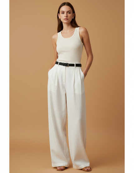 Pantalon Baggy Blanc Lin Fluide Taille Haute