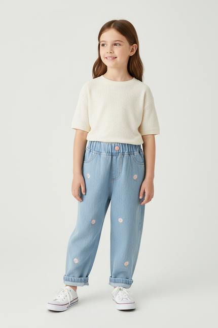 Pantalon Baggy Denim Bleu Clair Brodé Fleurs Fille - Jean