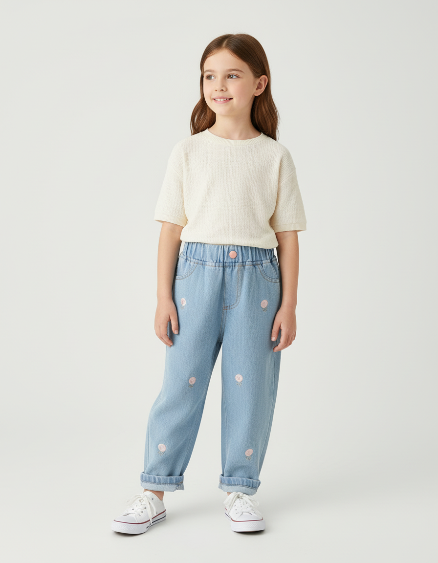Pantalon Baggy Denim Bleu Clair Brodé Fleurs Fille - Jean