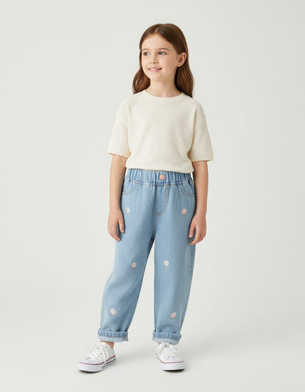 Pantalon Baggy Denim Bleu Clair Brodé Fleurs Fille - Jean