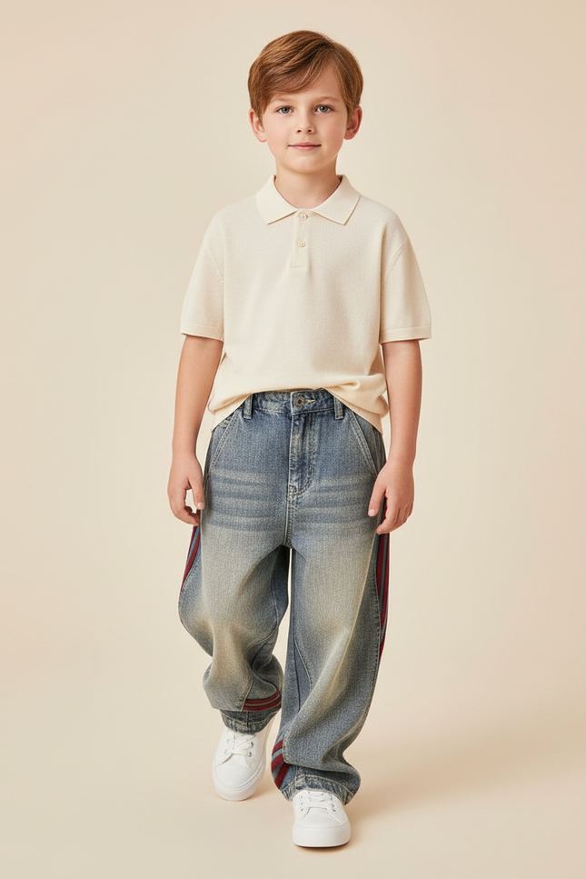 Pantalon Baggy Jean Bleu Rayures Rouges Ample