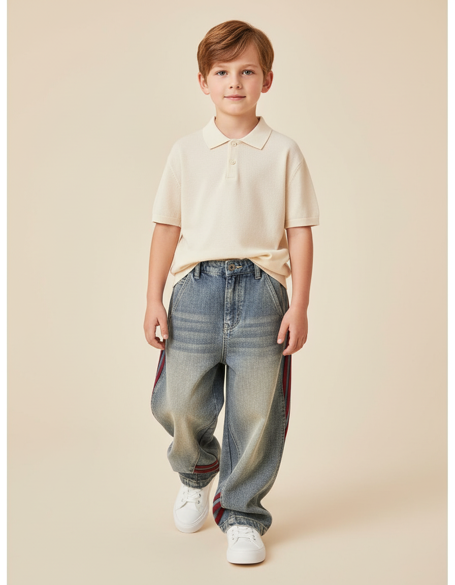 Pantalon Baggy Jean Bleu Rayures Rouges Ample