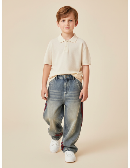 Pantalon Baggy Jean Bleu Rayures Rouges Ample