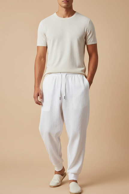 Pantalon Baggy Blanc Lin Ample Décontracté Homme