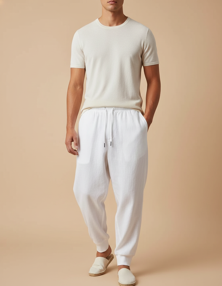 Pantalon Baggy Blanc Lin Ample Décontracté Homme