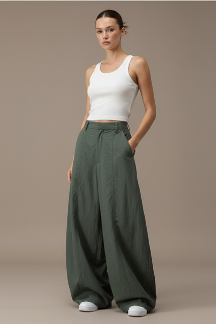 Pantalon Baggy Kaki Ample Fluide Taille Haute Femme - Polyester