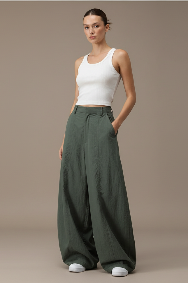 Pantalon Baggy Kaki Ample Fluide Taille Haute Femme - Polyester