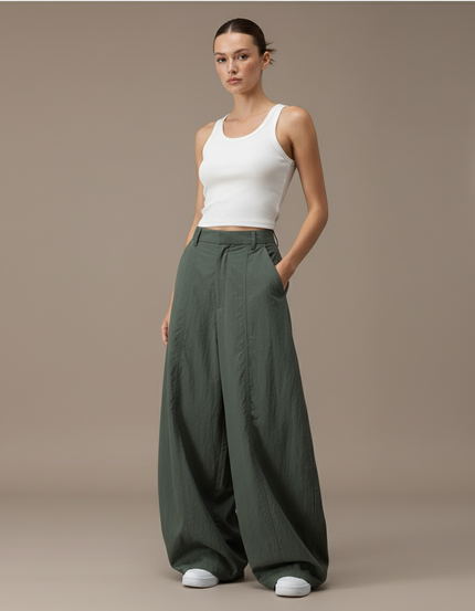 Pantalon Baggy Kaki Ample Fluide Taille Haute Femme - Polyester