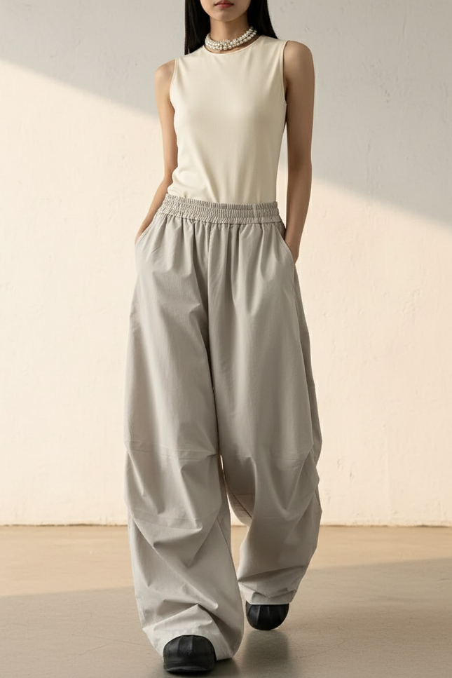 Pantalon Baggy Gris Ample Fluide Taille Haute - Polyester