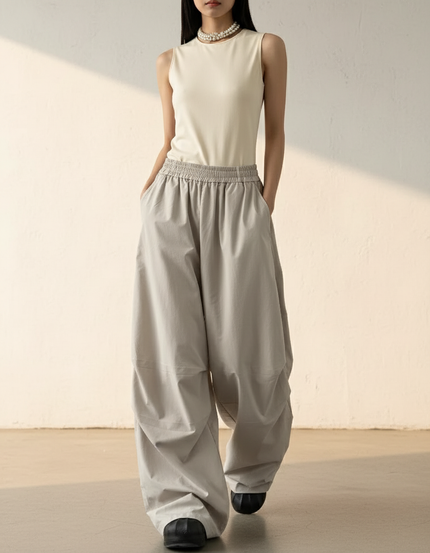 Pantalon Baggy Gris Ample Fluide Taille Haute - Polyester