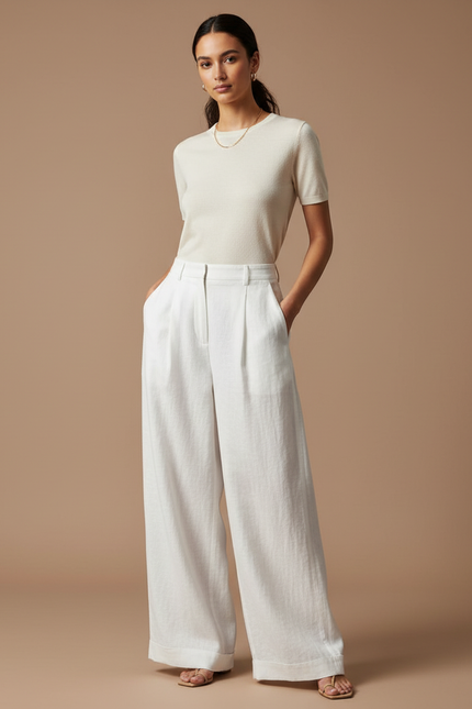 Pantalon Baggy Blanc Lin Ample Plissé Femme