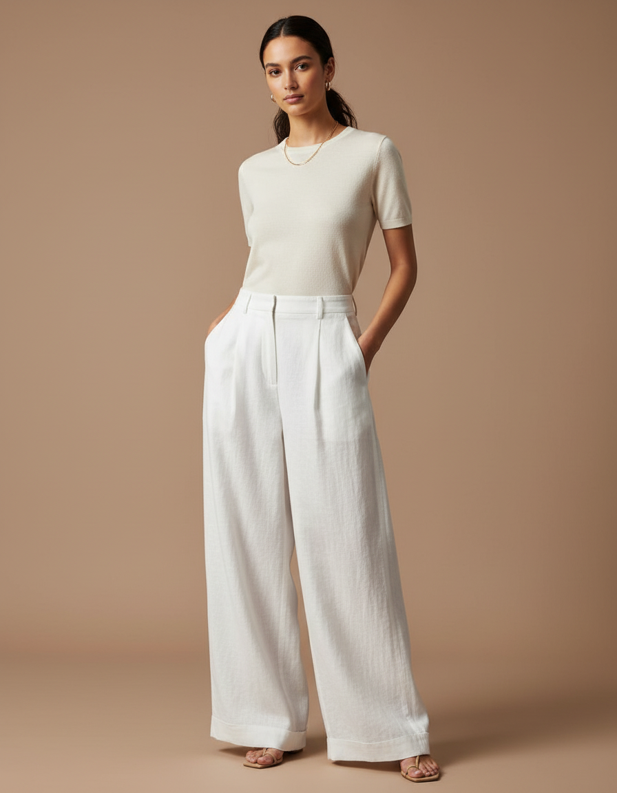 Pantalon Baggy Blanc Lin Ample Plissé Femme