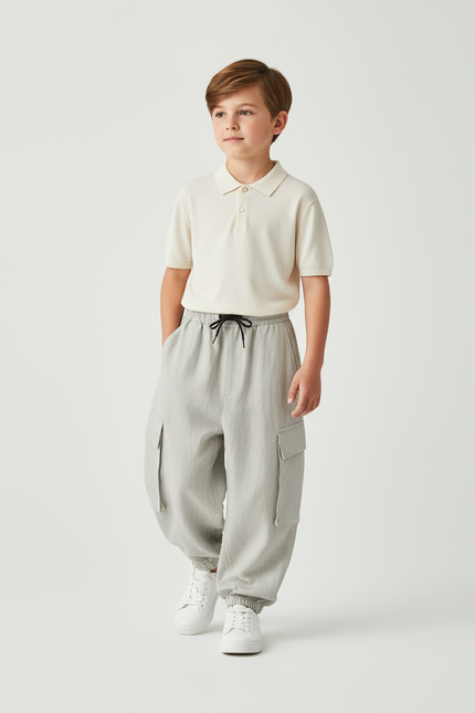 Pantalon Baggy Gris Clair Cargo Ample Enfant Coton