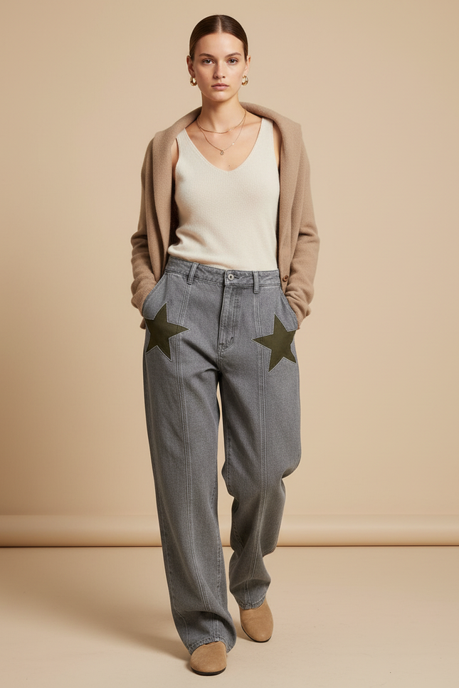 Pantalon Baggy Gris Étoiles Ample Denim Femme - Jean