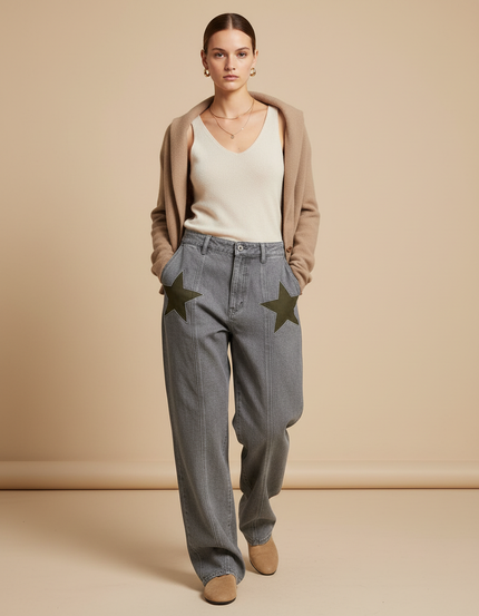 Pantalon Baggy Gris Étoiles Ample Denim Femme - Jean