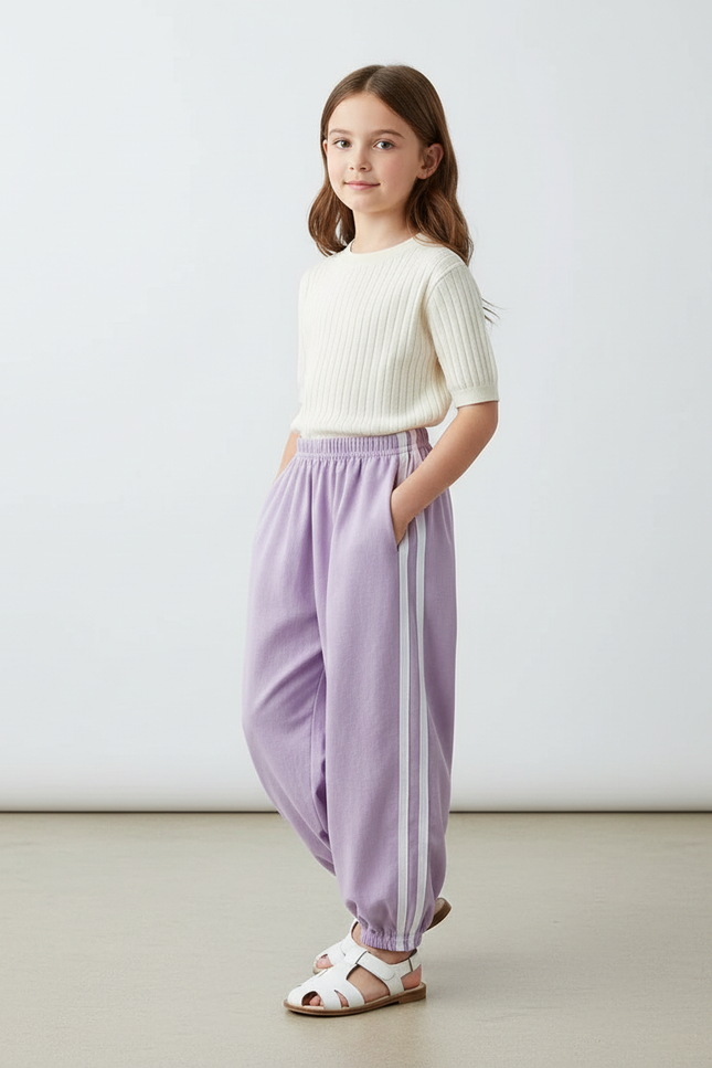 Pantalon Baggy Lilas Rayures Blanches Ample Enfant - Violet Molleton