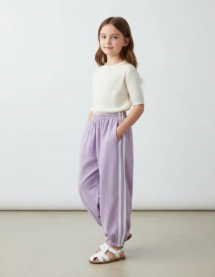 Pantalon Baggy Lilas Rayures Blanches Ample Enfant - Violet Molleton